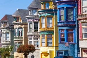 Colourfully painted Victorian houses in the Haight-Ashbury district of San Francisco.