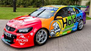 Holden's rainbow car, running in the supercars races at Albert Park during the Australian Grand Prix carnival.