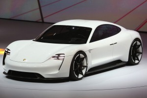 A Porsche Mission E hybrid automobile, produced by Volkswagen AG (VW), is presented during a VW event ahead of the IAA ...