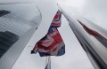 The British Union flag flies at half staff outside the British Embassy in the Espacio Tower in Madrid, Spain.