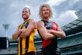 Hawthorn captain Jarryd Roughead and Essendon counterpart Dyson Heppell. 