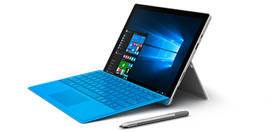 Surface Pro 4 with blue type cover and stylus.