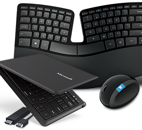 Ergonomic keyboard, folding keyboard, mouse, and cables.