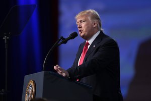 President of the United States Donald Trump speaking at the 2017 Conservative Political Action Conference (CPAC) in National Harbor, Maryland