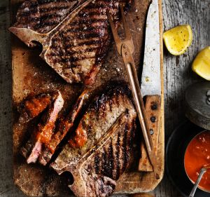 T-bone steak with barbecue sauce by Neil Perry. Images by William Meppem, please credit.
