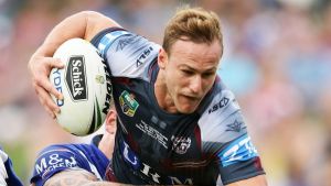 SYDNEY, AUSTRALIA - MARCH 25: Daly Cherry-Evans of the Sea Eagles is tackled during the round four NRL match between the ...