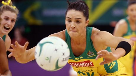 ADELAIDE, AUSTRALIA - AUGUST 31: Sharni Layton of the Diamonds competes for the ball with Serena Guthrie of the Roses ...