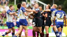 SYDNEY, AUSTRALIA - MARCH 25:  Players scuffle after David Klemmer of the Bulldogs slapped Daly Cherry-Evans of the Sea ...