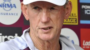 BRISBANE, AUSTRALIA - MARCH 01: Coach Wayne Bennett talks at a press conference after a Brisbane Broncos NRL training ...