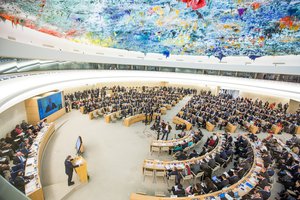 A wide view of the Human Rights and Alliance of Civilizations Room at the Palais des Nations during the high-level segment of the Human Right Council’s thirty-fourth regular session