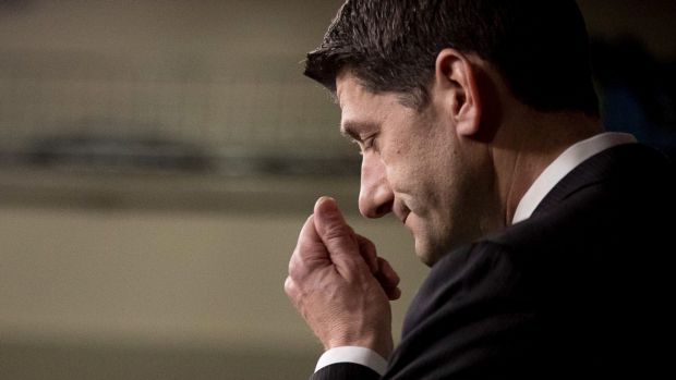 House Speaker Paul Ryan  pauses during a press conference on Capitol Hill.
