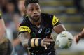 CHRISTCHURCH, NEW ZEALAND - MAY 14: James Segeyaro of the Panthers passes the ball during the round 10 NRL match between ...