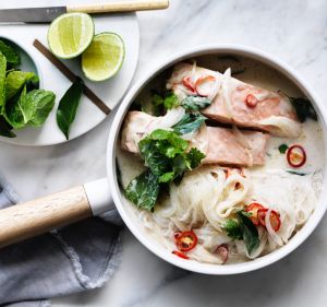 Salmon with coconut, glass noodles and herbs 