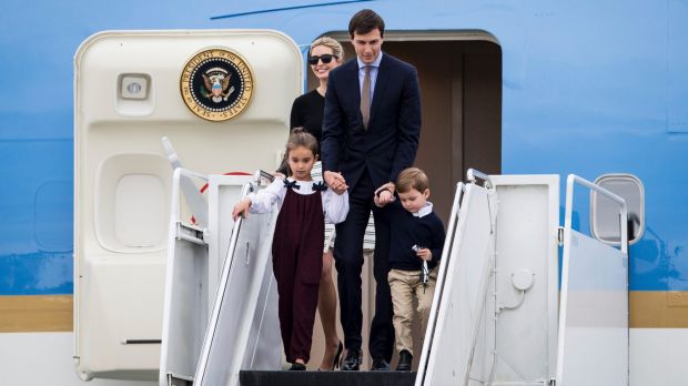 Travelling in style: Ivanka Trump, her husband Jared Kushner, and their children arrive on Air Force One for a weekend ...
