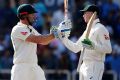 Rearguard action: Shaun Marsh celebrates his half-century with Peter Handscomb.