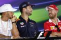 Let us entertain you: Lewis Hamilton, Daniel Ricciardo and Sebastian Vettel.