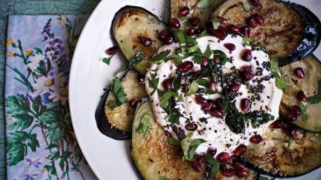 Crisp eggplants with sweet spiced yoghurt and pomegranates Anjum Anand vegetarian recipes from Anjum's Indian Vegetarian ...