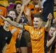 Roar power: Jamie MacLaren celebrates after scoring against Victory at Suncorp Stadium on Saturday night.