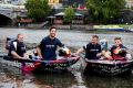 Daniel Ricciardo and Red Bull Racing teammate Max Verstappen at the end of the RBR Dinghy Dash on the Yarra River on ...