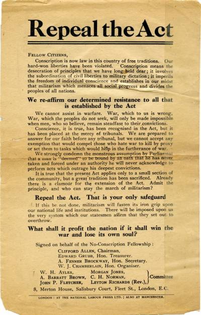 Repeal the Act - No Conscription Fellowship leaflet