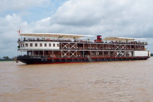 The elegant RV Mekong Pandaw has timber-lined, airconditioned cabins that provide relief from the hot Cambodian sun.