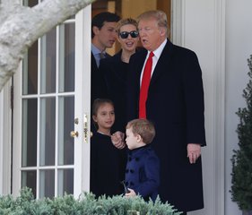 President Donald Trump and his family, daughter Ivanka Trump, her husband senior adviser Jared Kushner and their children Arabella Kushner and Joseph Kushner walk out of the Oval Office of the White House in Washington, Friday, March 3, 2017, before boarding Marine One for the short flight to nearby Andrews Air Force Base, Friday, March 3, 2017.