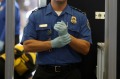 A TSA agent waits for passengers.