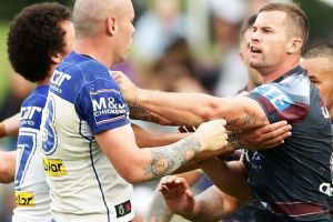 Players scuffle after David Klemmer of the Bulldogs slapped Daly Cherry-Evans of the Sea Eagles.