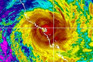 Cyclone Debbie as it crossed the north Queensland coast on Tuesday.