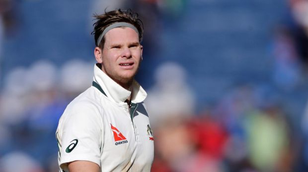 Steve Smith, pictured during an earlier Test match, was caught on camera mouthing the accusation.