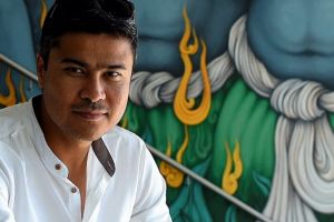 Khadim Ali 39 infront of his painting 'The Arrival' on the foyer wall at the MCA Circular Quay West entrance. 27th ...