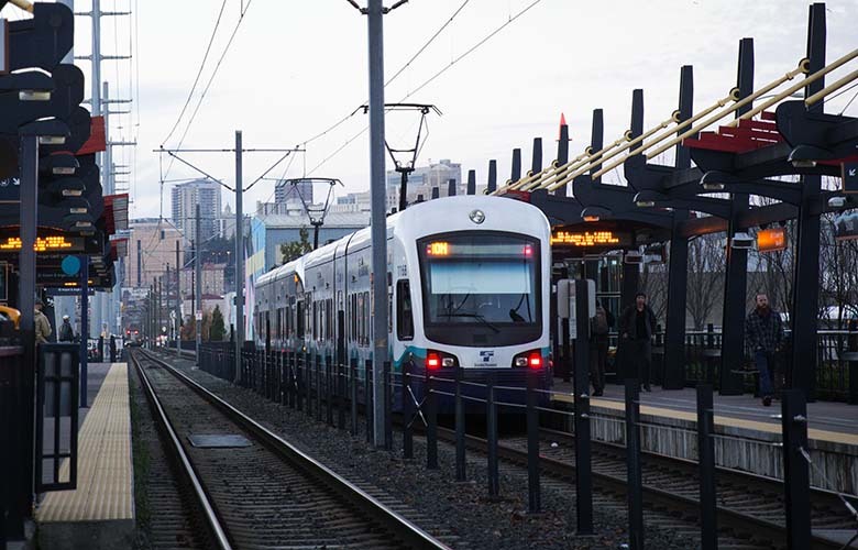 A northbound train heads out from the Sodo station on Tuesday, Nov. 