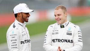 Lewis Hamilton and his new Mercedes GP teammate, Valtteri Bottas of Finland, share a joke.
