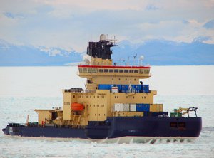 The Swedish icebreaker Oden carves a path through the ice off the shores of McMurdo Sound in Antarctica.