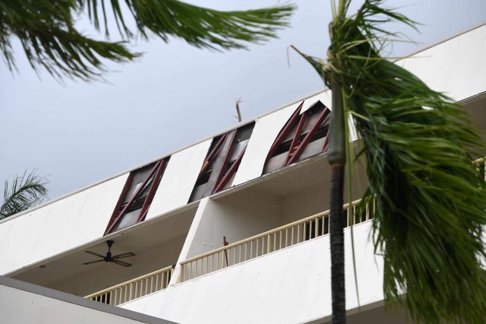 Storm damage to a hotel is seen at Airlie Beach on Tuesday evening