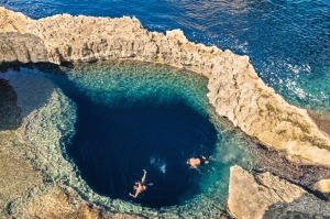 A deep blue hole at the world famous Azure Window on Gozo island. 