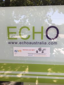 AUWU leaflet on window of Echo Australia offices