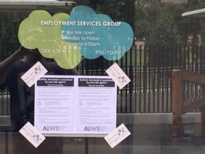 AUWU leaflet on window of Employment Services Group