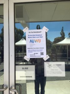 AUWU leaflet on window of Employment Services Group offices