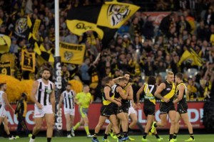 Richmond celebrates a Trent Cotchin goal (AAP: Tracey Nearmy)