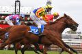 So close: Malaguerra holds off Spieth (on the outside) and Fell Swoop in the Darley Classic at Flemington in November.