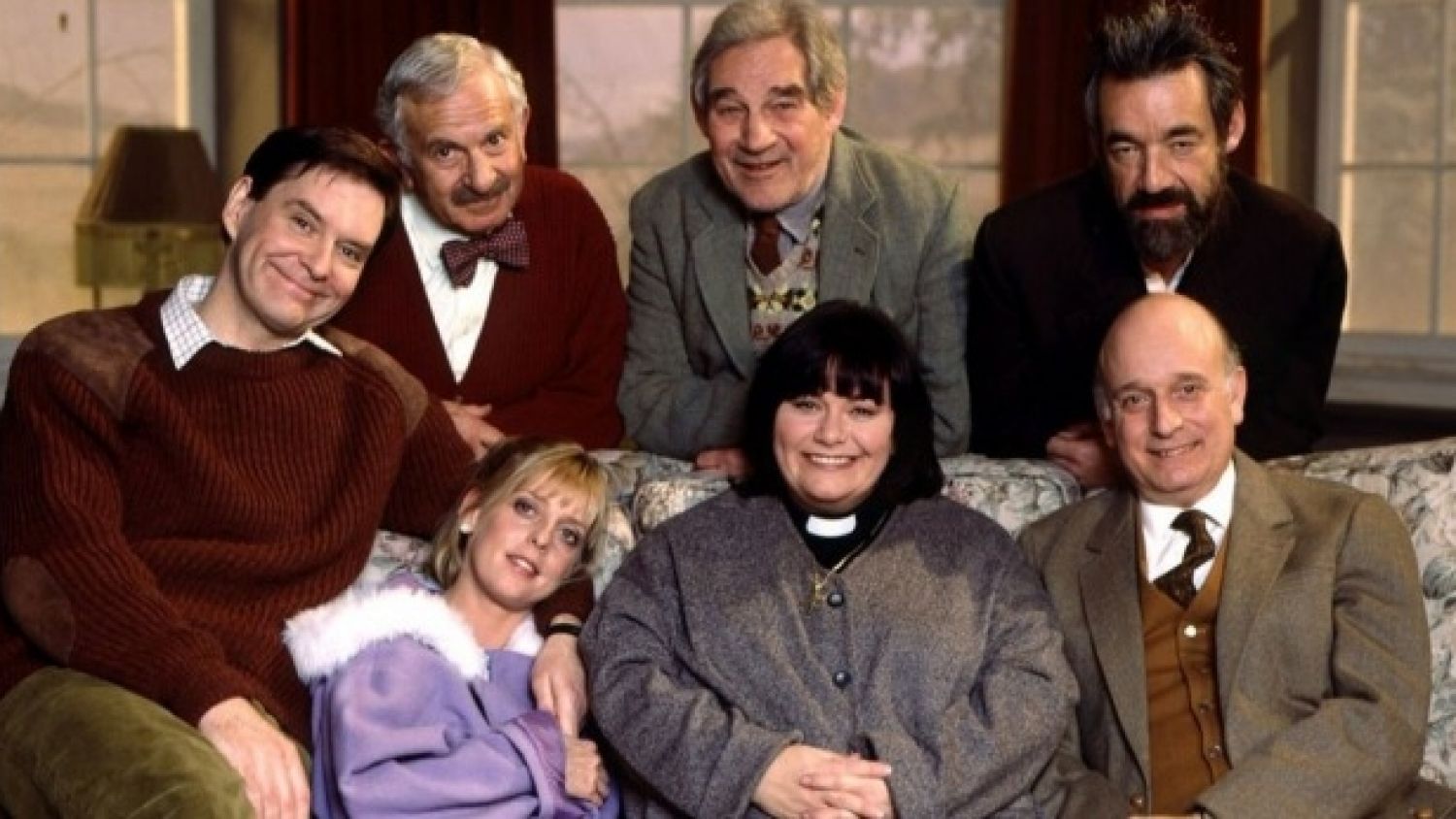 The cast of the BBC's Vicar of Dibley series included Dawn French as the vicar. The Hortons who lived in Dibley Manor were played by Gary Waldhorn as councillor David Horton (lower right), James Fleet as Hugo Horton (left) and Emma Chambers as Alice Horton, nee Tinker.