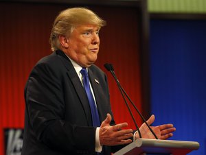 Republican presidential candidate, businessman Donald Trump argues a point during a Republican presidential primary debate at Fox Theatre, Thursday, March 3, 2016, in Detroit.