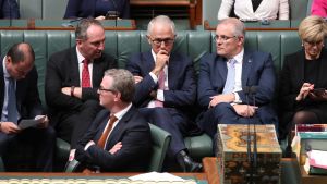 Waiting game: Prime Minister Malcolm Turnbull with frontbenchers Josh Frydenberg, Barnaby Joyce, Christopher Pyne, Scott ...