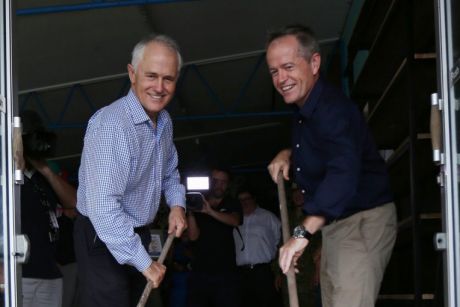 Prime Minister Malcolm Turnbull and Opposition Leader Bill Shorten help with clean-up efforts in Bowen, Queensland on ...