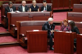 Senate crossbenchers Senators Derryn Hinch, Stirling Griff, Skye Kakoschke-Moore, Nick Xenophon, back row, and Malcolm ...