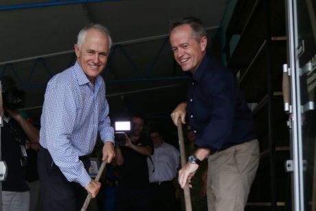 Malcolm Turnbull and  Bill Shorten sweep water from a cyclone-damaged store in Bowen, Queensland.