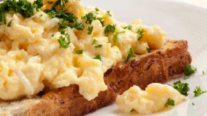 Right first dine: Scrambled eggs on toasted wholegrain bread.