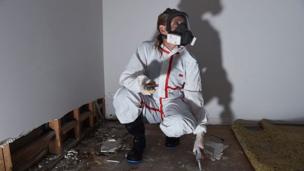 Jeanette Williams, a building biologist with EcoLibria, tests a home in Sydney's north for dangerous mould.