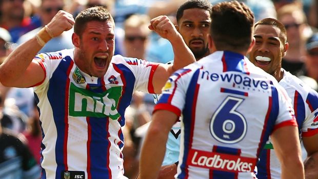 Joe Wardle of the Knights celebrates crossing for his first NRL try.